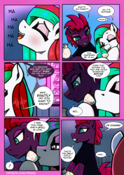 Size: 2480x3508 | Tagged: safe, artist:dsana, fizzlepop berrytwist, tempest shadow, oc, oc:spiegel, earth pony, pony, unicorn, comic:a storm's lullaby, g4, female, horn, mare