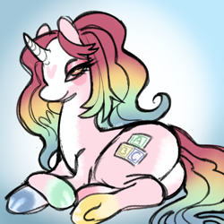 Size: 4096x4096 | Tagged: safe, artist:mrmega57, derpibooru exclusive, oc, oc only, oc:baby steps, pony, unicorn, absurd resolution, butt, colored hooves, crossed hooves, crossed legs, female, gradient background, hooves, horn, lying down, mare, multicolored hooves, ombre hair, on side, plot, solo, underhoof, unicorn oc