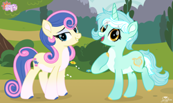 Size: 3350x2000 | Tagged: safe, artist:lovinglypromise, bon bon, lyra heartstrings, sweetie drops, pony, g4, alternate design