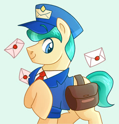 Size: 1146x1200 | Tagged: safe, artist:slushpony, proper postal, crystal pony, pony, g4, bag, blue background, clothes, cute, cyan background, hat, letter, mailpony, mailpony uniform, male, properbetes, raised hoof, saddle bag, simple background, stallion