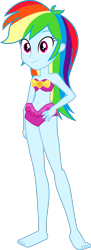 Size: 619x1696 | Tagged: safe, artist:dustinwatsongkx, edit, rainbow dash, human, g4, attached skirt, bare arms, bare legs, bare shoulders, barefoot, bikini, clothes, clothes swap, feet, female, grin, hand on hip, pinkie pie swimsuit, skirt, sleeveless, smiling, solo, strapless, strapless bikini, swimsuit, swimsuit swap