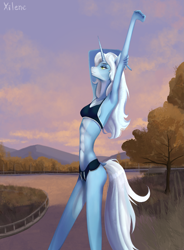 Size: 1927x2616 | Tagged: safe, artist:xilene, oc, oc only, oc:skybright bliss, unicorn, abs, blue skin, clothes, detailed background, green eyes, horn, shorts, skinny, slender, sports bra, sports panties, sports shorts, tall, thin, unicorn oc, white hair