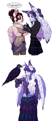 Size: 1414x3160 | Tagged: safe, artist:theartfox2468, oc, oc only, oc:aurora trivia radiant moon, oc:dove dreamcatcher, alicorn, bird, pegasus, vulture, anthro, star au, adult, alicorn oc, alternate hairstyle, belt, blind, bone, breasts, choker, clothes, description is relevant, dress, duo, duo female, ear fluff, female, goth, horn, jewelry, magical lesbian spawn, markings, midriff, nail polish, necklace, offspring, parent:oc:concord, parent:princess celestia, parent:princess luna, parent:rarity, parents:canon x oc, parents:rariluna, pet, shirt, simple background, skirt, socks, stockings, story included, teenager, thigh highs, white background, wings