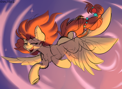 Size: 3200x2353 | Tagged: safe, alternate version, artist:yuris, oc, oc:yuris, pegasus, pony, alternate hairstyle, cloud, crying, ears up, eyes closed, flying, frog (hoof), open mouth, perspective, sketch, sky, smiling, solo, stars, sunset, underhoof