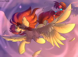 Size: 3200x2353 | Tagged: safe, alternate version, artist:yuris, oc, oc:yuris, pegasus, pony, alternate hairstyle, cloud, crying, ears up, eyes closed, flying, frog (hoof), open mouth, perspective, sky, smiling, solo, stars, sunset, underhoof