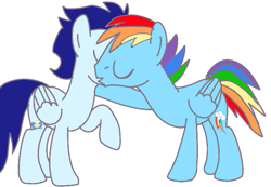 Size: 749x518 | Tagged: safe, artist:glidedash, rainbow dash, soarin', pegasus, pony, g4, cheek kiss, gay, half r63 shipping, kissing, male, rainbow blitz, rule 63, ship:soarinblitz, ship:soarindash, shipping, stallion