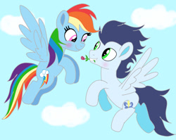 Size: 1280x1019 | Tagged: safe, artist:mrsdashskies, rainbow dash, soarin', pegasus, pony, g4, duo, female, flower, flower in mouth, male, mare, mouth hold, rose, rose in mouth, ship:soarindash, shipping, sky background, stallion, straight