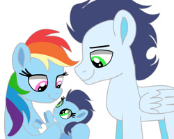 Size: 1280x1019 | Tagged: safe, artist:mrsdashskies, rainbow dash, soarin', oc, oc:rainbolt, pegasus, pony, g4, baby, baby pony, female, filly, foal, male, mare, offspring, parent:rainbow dash, parent:soarin', parents:soarindash, ship:soarindash, shipping, simple background, stallion, straight, trio, white background