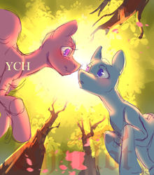 Size: 1748x1990 | Tagged: safe, artist:charlot, oc, alicorn, earth pony, pegasus, pony, unicorn, bright lights, any gender, any race, any species, auction, auction open, blushing, commission, couple, forest, forest background, holiday, horn, looking at each other, looking at someone, love, nature, romantic, sketch, tree, valentine, valentine's day