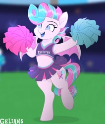 Size: 3446x4059 | Tagged: safe, artist:gelians, oc, oc:sweetie shy, bat pony, pony, bipedal, cheerleader, cheerleader outfit, clothes, female, mare, pom pom, solo