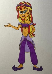 Size: 2843x4032 | Tagged: safe, artist:dylanwayneburk, sunset shimmer, human, equestria girls, equestria girls specials, g4, my little pony equestria girls, my little pony equestria girls: better together, belly dancer outfit, clothes, costume, dress, female, halloween, halloween costume, holiday, humanized, princess jasmine, simple background, solo, traditional art