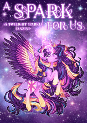 Size: 1809x2560 | Tagged: safe, artist:dashienova, twilight sparkle, alicorn, pony, g4, alternate design, colored wings, colored wingtips, curved horn, female, hoof shoes, horn, magic, mare, solo, spread wings, stars, twilight sparkle (alicorn), wings, zine:a spark for us