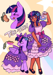 Size: 1240x1754 | Tagged: safe, artist:eurithmic, twilight sparkle, alicorn, human, pony, g4, carrot, carrot dog, clothes, dark skin, dress, duo, eating, female, flower, flower in hair, food, magic, mare, self paradox, self ponidox, telekinesis, twilight sparkle (alicorn), zine:a spark for us