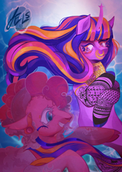 Size: 1240x1754 | Tagged: safe, artist:sleepingyels, pinkie pie, twilight sparkle, alicorn, earth pony, pony, g4, alternate design, duo, ear piercing, earring, female, jewelry, mare, nose piercing, nose ring, peytral, piercing, twilight sparkle (alicorn), zine:a spark for us