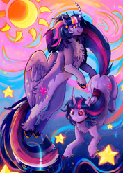 Size: 2480x3508 | Tagged: safe, artist:ahorus, twilight sparkle, alicorn, pony, unicorn, g4, chest fluff, curved horn, duo, ear piercing, earring, female, horn, jewelry, mare, piercing, self paradox, self ponidox, twilight sparkle (alicorn), unicorn twilight, unshorn fetlocks, zine:a spark for us