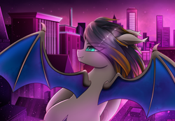 Size: 2820x1948 | Tagged: safe, artist:andaluce, oc, oc:black night, bat pony, pony, aesthetics, building, city, ear fluff, eyebrows, eyebrows visible through hair, flying, male, night, rooftop, skyscraper, smiling, solo, spread wings, stallion, vaporwave, wings