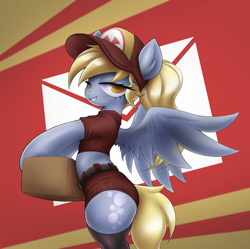 Size: 1728x1719 | Tagged: safe, artist:maretheory.exe, derpy hooves, pegasus, semi-anthro, g4, bedroom eyes, box, bubble butt, butt, clothes, female, hat, lidded eyes, looking at you, mailmare, mare, midriff, one eye closed, pinup, plot, socks, spread wings, stupid sexy derpy, thigh highs, wings, wink, winking at you