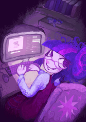 Size: 1244x1760 | Tagged: safe, artist:clockonfire, twilight sparkle, human, pony, pony town, equestria girls, g4, computer, female, glasses, smiling, solo, zine:a spark for us