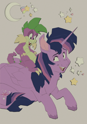 Size: 2480x3508 | Tagged: safe, artist:creaturedeer, spike, twilight sparkle, alicorn, dragon, g4, cloven hooves, duo, female, male, mare, riding, spike riding twilight, twilight sparkle (alicorn), unshorn fetlocks, zine:a spark for us