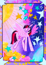 Size: 1412x1996 | Tagged: safe, artist:clowncarzgobeep, twilight sparkle, alicorn, pony, g4, curved horn, eyes closed, female, horn, mare, moon, solo, spread wings, stars, sun, twilight sparkle (alicorn), wings, zine:a spark for us