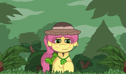 Size: 1875x1100 | Tagged: safe, artist:featherwing555, posey bloom, earth pony, pony, g5, female, forest, hat, mare, nature, outdoors, solo, tree