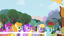 Size: 1366x768 | Tagged: safe, screencap, amethyst star, berry punch, berryshine, blue october, blueberry muffin, caramel, carrot top, cloud kicker, golden harvest, klein, linky, night shade, pink cloud (g4), shoeshine, sparkler, pony, g4, my little pony: friendship is magic, the super speedy cider squeezy 6000, unnamed character, unnamed pony