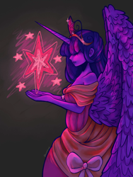 Size: 2304x3072 | Tagged: safe, artist:estelliqz, twilight sparkle, human, g4, clothes, dress, eyes closed, female, horn, horned humanization, humanized, jewelry, regalia, solo, twilight sparkle's cutie mark, winged humanization, wings, zine:a spark for us