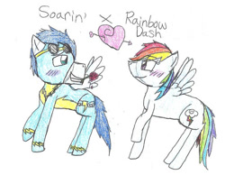 Size: 749x582 | Tagged: safe, artist:swiftytehkat, rainbow dash, soarin', pegasus, pony, g4, female, male, mare, ship:soarindash, shipping, stallion, straight, traditional art