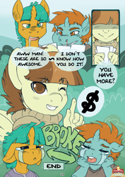 Size: 2175x3075 | Tagged: safe, artist:mlpfwb, featherweight, snails, snips, earth pony, pegasus, unicorn, anthro, art pack:poni parade, comic:close up, g4, 2013, blood, clothes, colt, comic, crying, dialogue, dollar sign, drool, drool string, eyes closed, foal, horn, male, nosebleed, old art, one eye closed, sweater, wink