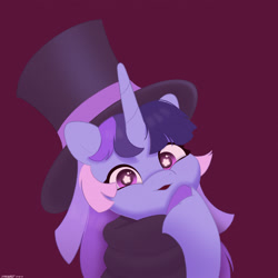 Size: 2480x2480 | Tagged: safe, artist:starburstuwu, oc, oc only, oc:flawless sparklemoon, pony, unicorn, bust, female, fusion, fusion:trixie, fusion:twilight sparkle, fusion:twixie, hat, high res, horn, looking at you, mare, purple background, signature, simple background, solo, starry eyes, top hat, unshorn fetlocks, wingding eyes