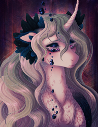 Size: 2550x3300 | Tagged: safe, artist:silverwolf866, princess celestia, alicorn, pony, g4, bust, chest feathers, crying, curved horn, eyeshadow, female, floppy ears, horn, long eyelashes, looking down, makeup, mare, sad, solo