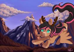 Size: 2894x2039 | Tagged: safe, artist:ashestosparks, oc, oc only, pegasus, pony, antlers, cloud, flying, high res, mountain, smiling, solo