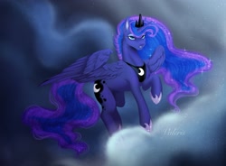 Size: 3637x2670 | Tagged: safe, artist:valeris, princess luna, alicorn, pony, g4, cloud, female, high res, mare, night, on a cloud, raised hoof, solo, watermark