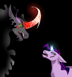 Size: 1643x1758 | Tagged: safe, artist:earth.loser, king sombra, twilight sparkle, umbrum, unicorn, comic:friendship is pointless, g4, argument, broken horn, chin fluff, colored horn, crystal horn, curved horn, ears back, glowing, glowing horn, horn, my goodbye (epic:the musical), red horn, sombra eyes, sombra horn