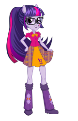 Size: 1792x2791 | Tagged: safe, artist:lazzy_bunny, sci-twi, twilight sparkle, equestria girls, g4, absurd resolution, alternative cutie mark placement, box art, clothes, female, glasses, lipstick, school spirit, simple background, skirt, solo, transparent background