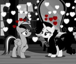 Size: 1293x1080 | Tagged: safe, edit, edited screencap, screencap, rainbow dash, rarity, pegasus, pony, unicorn, g4, my little pony: friendship is magic, rarity investigates, season 5, detective rarity, female, folded wings, grayscale, heart, horn, lesbian, looking at each other, looking at someone, monochrome, raised hoof, ship:raridash, shipping, smiling, smiling at each other, wings