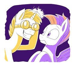 Size: 2685x2376 | Tagged: safe, artist:jowyb, oc, oc only, oc:raining lead, oc:shellac, pegasus, pony, unicorn, fanfic:the boy and the bug, colt, disguise, disguised changeling, duo, duo male, fanfic art, foal, frown, goggles, grin, high res, horn, limited palette, male, partially transparent background, smiling