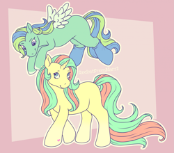 Size: 2047x1800 | Tagged: safe, artist:rockethaslanded, oc, oc only, oc:aqua haste, oc:peppermint star, pegasus, pony, unicorn, duo, duo female, female, flying, freckles, heart, heart mark, horn, mare, pegasus oc, signature, smiling, spread wings, tail, unicorn oc, wings