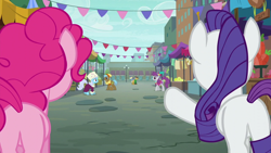 Size: 1280x720 | Tagged: safe, screencap, alpine farrier, linky, neigh sayer, pinkie pie, rarity, shoeshine, silver berry, street rat, earth pony, pony, unicorn, g4, my little pony: friendship is magic, the gift of the maud pie, balloonbutt, butt, city, clothes, featureless crotch, female, horn, male, mare, market, plot, pointing, rear view, rearity, stallion, tail