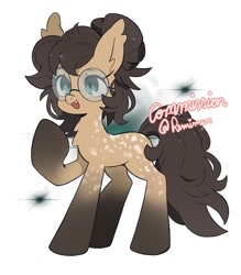 Size: 1752x2000 | Tagged: safe, artist:remimun, oc, oc only, oc:nixie tube, bat pony, earth pony, hybrid, wingless bat pony, abstract background, chest fluff, coat markings, dappled, ear fluff, fangs, female, glasses, raised hoof, signature, socks (coat markings), solo, wingless