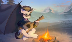 Size: 4096x2414 | Tagged: safe, artist:ijustmari, oc, oc only, oc:haze rad, pony, unicorn, semi-anthro, fallout equestria, campfire, clothes, commissioner:biohazard, crossed legs, dexterous hooves, glasses, guitar, horn, jumpsuit, male, musical instrument, outdoors, scarf, solo, stallion, tent, unicorn oc, vault suit