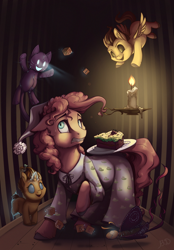 Size: 1000x1440 | Tagged: safe, artist:28gooddays, pinkie pie, pound cake, pumpkin cake, earth pony, pegasus, pony, unicorn, g4, brother and sister, cake, cake twins, candle, clothes, doll, fear, female, food, hat, horn, male, nightcap, nightgown, prehensile mane, scared, siblings, toy, twins