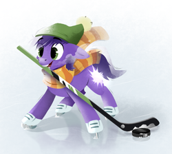 Size: 1291x1159 | Tagged: safe, artist:28gooddays, oc, oc only, oc:proudy hooves, earth pony, pony, beanie, clothes, cute, earth pony oc, green eyes, hat, hockey, hockey puck, hockey stick, ice, ice skates, male, mouth hold, scarf, skates, smiling, solo, sports, stallion, tail, two toned mane, two toned tail, younger