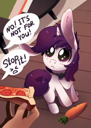 Size: 1562x2200 | Tagged: safe, alternate version, artist:28gooddays, oc, oc only, oc:lapush buns, human, pony, unicorn, behaving like a dog, big ears, bronybait, bunny ears, carrot, collar, commission, cute, cutemail, eye shimmer, food, horn, meat, offscreen character, pepperoni, pepperoni pizza, pizza, pov, puppy dog eyes, speech bubble, weapons-grade cute, ych result