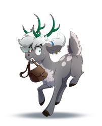 Size: 1700x2100 | Tagged: safe, artist:28gooddays, oc, oc only, deer, bag, buck, cloven hooves, deer oc, ear piercing, heterochromia, male, mouth hold, non-pony oc, piercing, pinpoint eyes, ponytail, running, scared, simple background, sweat, sweatdrop, white background