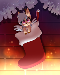 Size: 2000x2501 | Tagged: safe, artist:28gooddays, oc, oc only, oc:streamline, deer, deer pony, original species, peryton, pony, :t, brick wall, christmas, christmas stocking, commission, high res, holiday, solo, spread wings, tiny, tiny ponies, wings, ych result