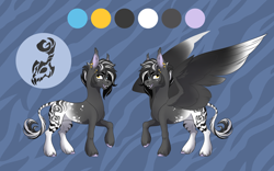 Size: 4000x2500 | Tagged: safe, artist:28gooddays, oc, oc only, bat pony, hybrid, pegasus, zebra, zebroid, concave belly, ear piercing, heterochromia, high res, open mouth, piercing, raised hoof, reference sheet, smiling, solo, spread wings, unshorn fetlocks, wings