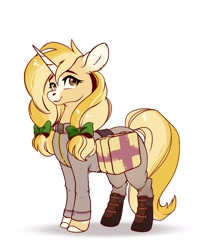 Size: 1876x2308 | Tagged: safe, artist:28gooddays, oc, oc only, pony, unicorn, bag, clothes, first aid kit, high res, horn, medic, pigtails, saddle bag, shoes, simple background, smiling, solo, twintails, white background