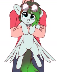 Size: 1549x1959 | Tagged: safe, artist:28gooddays, oc, oc only, human, pegasus, pony, belly, collar, faceless human, female, goggles, holding a pony, human female, pony pet, simple background, white background, wings, wings down