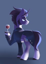 Size: 1812x2500 | Tagged: safe, artist:28gooddays, oc, oc only, oc:count tenebrous grimoire, pony, unicorn, concave belly, curved horn, frown, glass, high res, holding, horn, lineless, looking back, male, sideburns, simple background, solo, stallion, tailcoat, turned head, unshorn fetlocks, wine glass